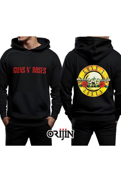 Orijin Tekstil Guns N Roses Front and Back Printed Black Hooded Sweatshirt