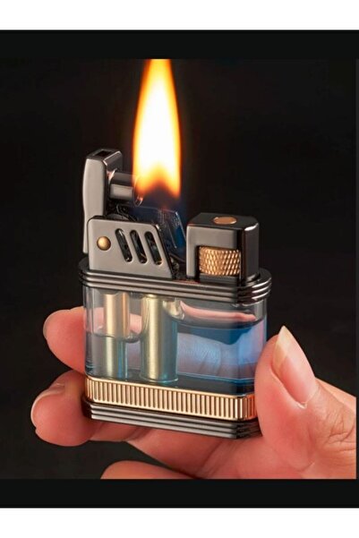 KdrElektronik Özel Üretim Benzinli Çakmak Şık Tasarım Özel Kutusunda Şeffaf Tanklı Açık Siyah Renk