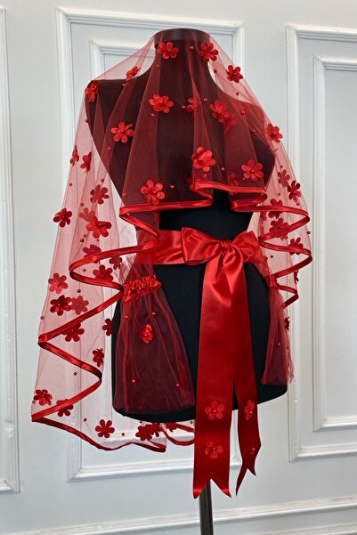 ZEYMERADE Kırmızı Biyeli Gelin Duvak Seti, Lazer Çiçek Ve Inci Detaylı, Kına ...