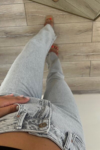 MAKRAS EXCLUSIVE Selana Açık Kar Yıkama Mavi Likralı Süper Yüksek Bel Salaş Jeans Palazzo Pantolon