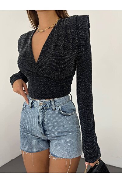 MY DEPO Γυναικεία ασημί μπλούζα με διπλό στήθος με επένδυση ώμου