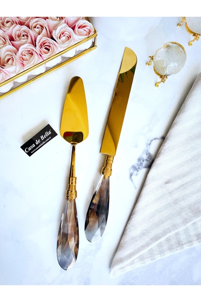 CASA DE BELLA Kristal Saplı 2 Parça Spatula Bıçak Pasta Servis Seti
