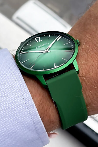 Ferrucci Unisex Wristwatch 3 Atm Waterproof Green Color Silicone Band Aluminum Case GFRE2022C3