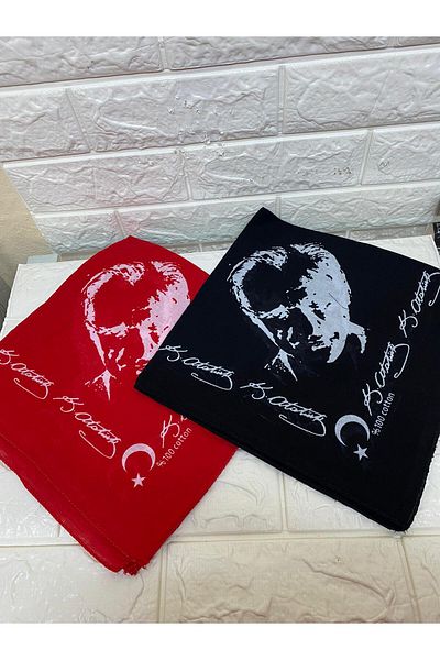 sema aksesuar 2 Pieces Red and Black Cotton Autographed Scarf with Atatürk Portrait - 23 April, 29 October, 19 May
