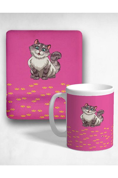 HobiShop Happy Cat Oval Mouse Pad with Wrist Support and Mug Set