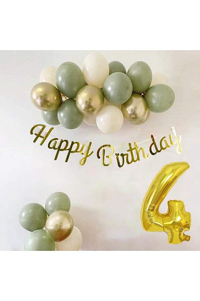 Patladı Gitti 4 Year Old Mold Green Sea Sand and Chrome Gold Balloon Concept Birthday Set