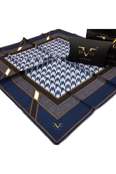 19V69 ITALIA Navy Blue Blue Twill Scarf Houndstooth Pattern Black Series Twill Scarf With Scarf Hanger 90x90 Cm