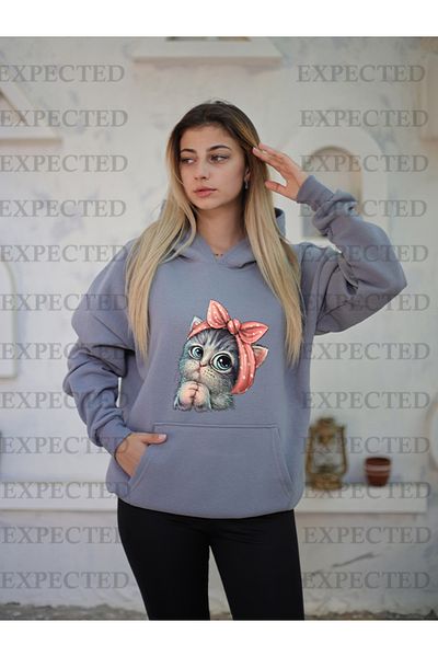 EXPECTED Γυναικεία φούτερ με κουκούλα Cat με στάμπα μεγάλου μεγέθους 3 κλωστών