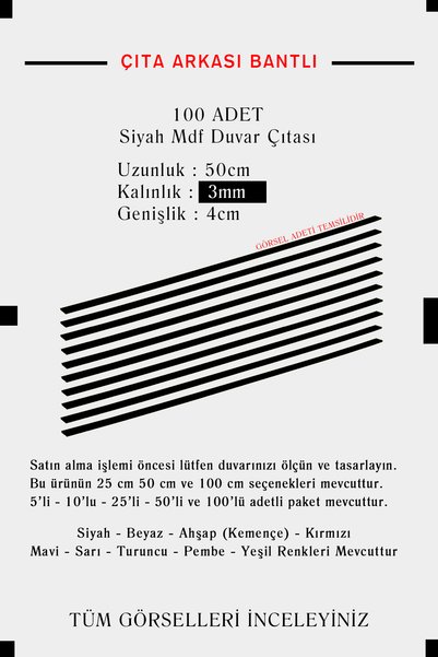 Bytwo Siyah Duvar Çıtası 1 Paket (100 ADET) 50 x 4 Cm Dekoratif Duvar Çıtası ...