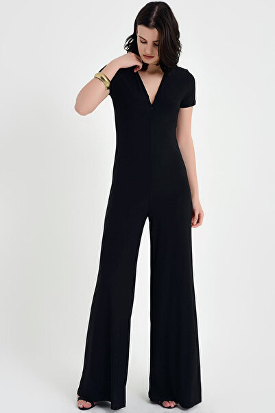 Naliru Kadın Tulum V Yaka Önü Fermuarlı İspanyol Paça Kısa Kollu Likralı Tulum