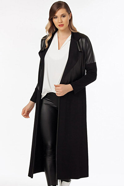 Naliru Kadın Pardesü Görünümlü Bele Kadar Suni Deri Detaylı Şal Yaka Rahat li...