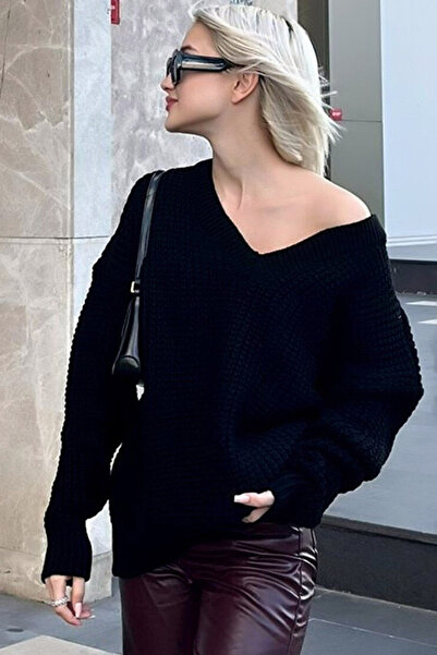 Naliru Kadın V Yaka Düşük Kol Geniş Salaş Kalıp Kalın ve Sıcak Oversize Triko...