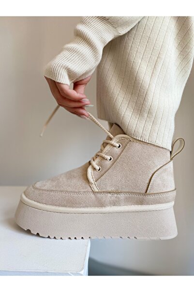 HONİBA Mini Ten Süet İçi Kürklü Kalın Taban Bağcıklı Kadın Bot