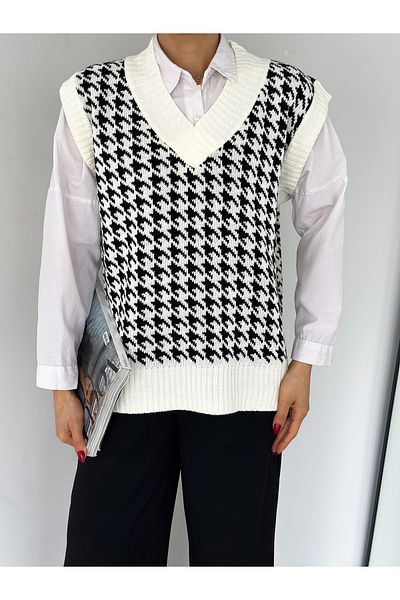 laughs WOMEN'S V-NECK SPLIT BLACK GOOS FEET PATTERNED KNITWEAR JUMER SWEATER DE55781