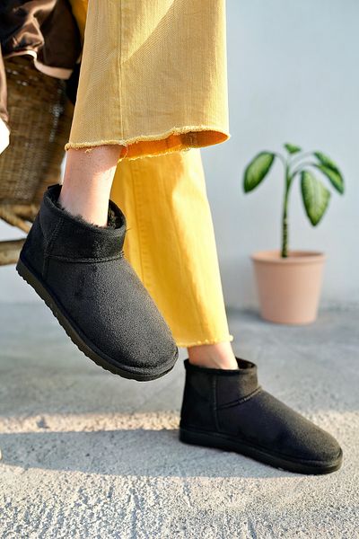 Modafırsat Ultra Mini Super Short Fur Lined Boots Black Suede