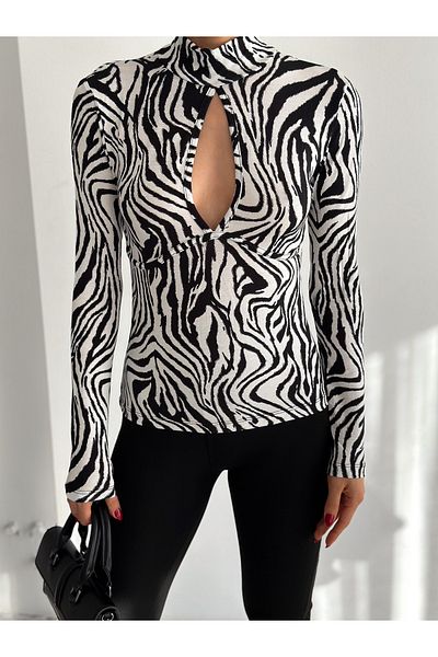 laughs WOMEN'S LONG SLEEVE OPEN CHEST CLOTHED WAIST DETAIL VISCOSE FABRIC BLOUSE BLZ97001