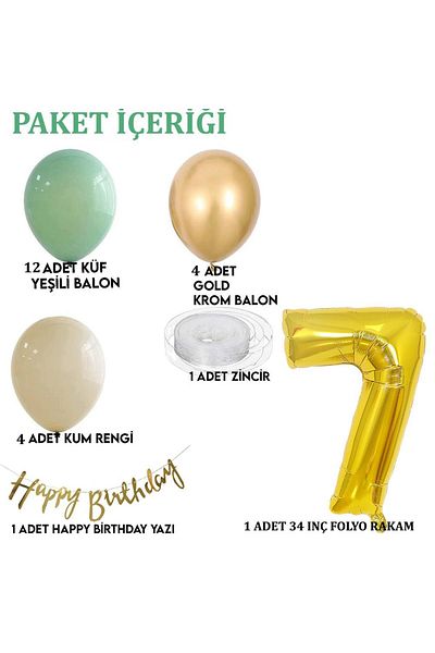 Patladı Gitti 7 Year Old Mold Green Sea Sand and Chrome Gold Balloon Concept Birthday Set