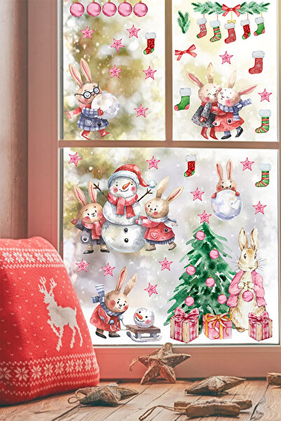 PANDA SOKAĞI Set de autocolante de perete pentru fereastră de Crăciun, iepuri, oameni de zăpadă și ornamente