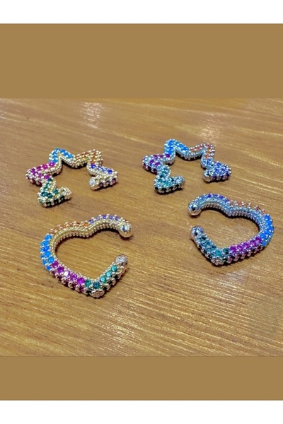 MAZEN Renkli Zirkon Taşlı Deliksiz Fake Kıkırdak Kalp Figürlü Gümüş Renk