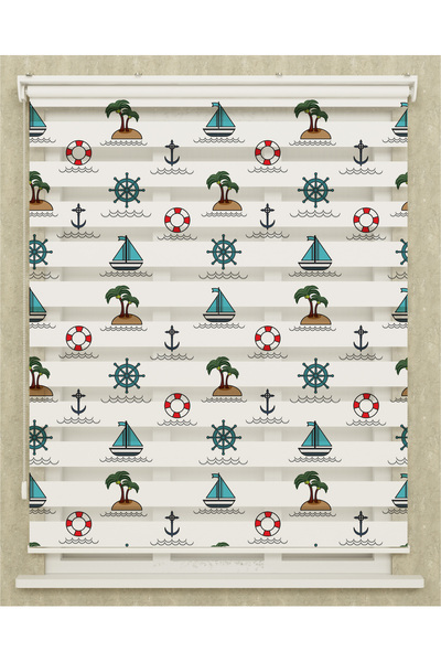Genel Markalar Çocuk Odası Denizci Dümeni ve Palmiye Baskılı Zebra Perde