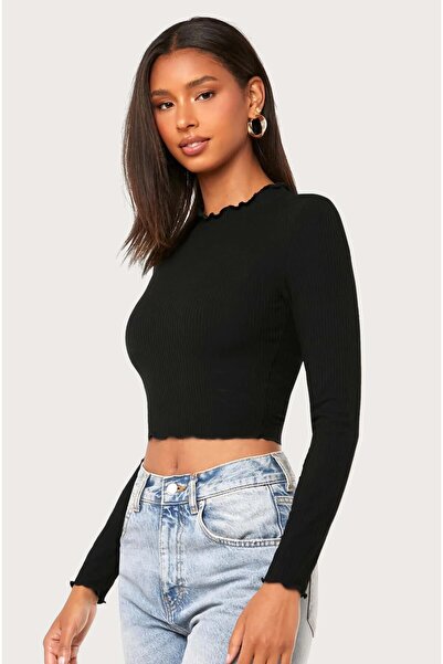 MADALİNA Women's Black Camisole Fabric Overlock Collar Detailed Crop Blouse