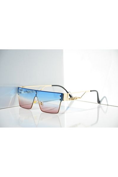 TomyHelf Rectangular Design Gold Tiger Detailed Gold Frame Blue Gradient Glass Women's Sunglasses