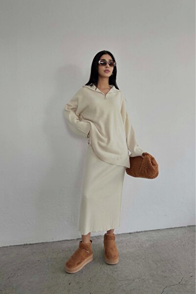 Eka Set fuste cu nervuri cu fermoar bej pentru femei 1014-3099