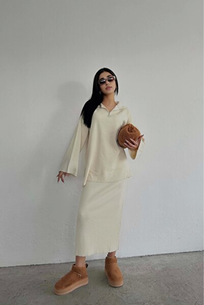 Eka Set fuste cu nervuri cu fermoar bej pentru femei 1014-3099