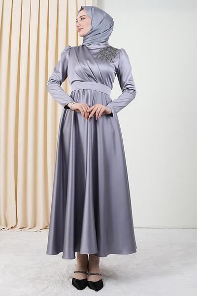 Giza Giyim Βραδινό Σατέν φόρεμα Shoulder Stoned Γκρι