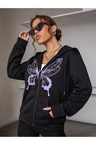 LOUİSA Women's Hooded PURPLE Butterfly FRONT Printed Zipper Cardigan