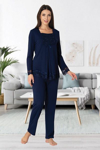 Lohussa Women's Navy Blue Design Lacy Cotton Maternity Pajama Set