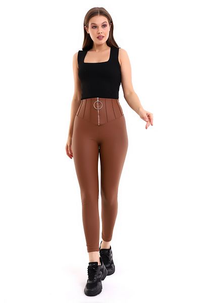 winmoda Jambiere din piele inel cu fermoar din piele artificială mată maro