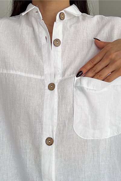 FEMELLE Women's White Wooden Buttoned Single Pocket Oversize Wide Fit Shirt