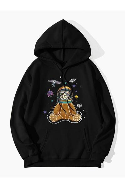 Adrift Unisex crna astronautska majica sa kapuljačom Štampano Oversize kroj A...