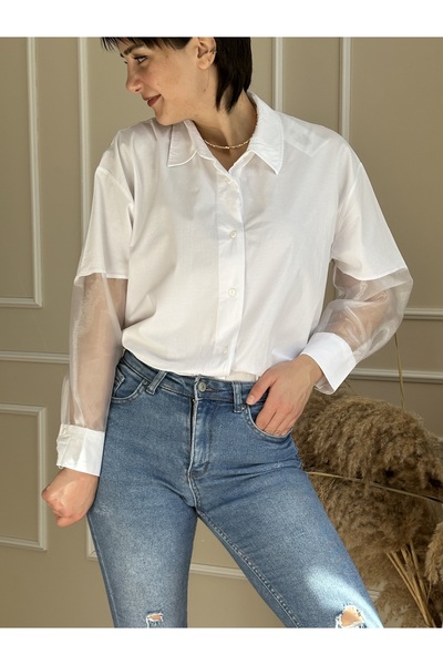 PATİSKHALİFE Beyaz Gömlek Yaka Balon Kol Kolları Tüllü Oversize Gömlek