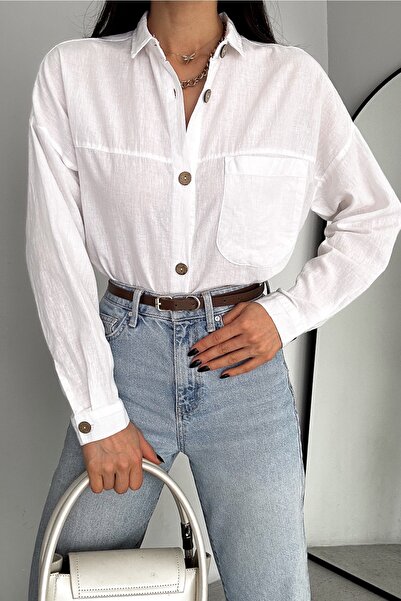 FEMELLE Women's White Wooden Buttoned Single Pocket Oversize Wide Fit Shirt