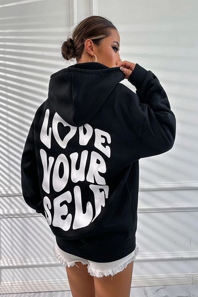 MODAGEN Дамски суитшърт с качулка и качулка с черен принт Love