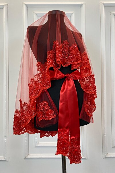 ZEYMERADE Kırmızı Vip Gelin Duvak Seti, Çiçek Güpürlü Cam Boncuk İnci Dikişli...