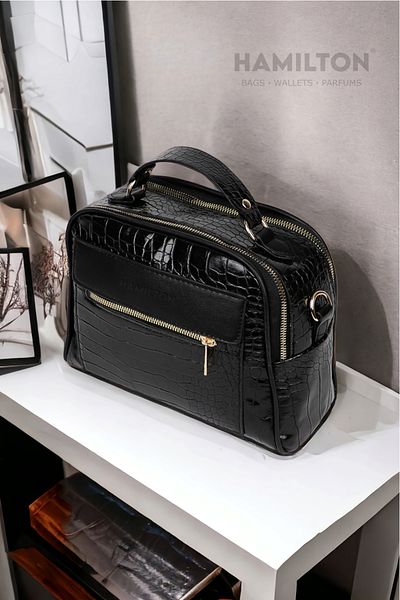 HAMILTON Geantă și geantă de mână originală pentru femei, cu curea reglabilă, piele lacuită, mare, elegantă, de umăr și de mână, cu trei ochi