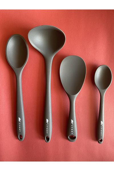 Multiamo Hard Tip Heat Resistant Fireproof Nonstick Silicone Spoon Set 4 Pieces 28cm/22cm/20cm Spoon 28cm Ladle