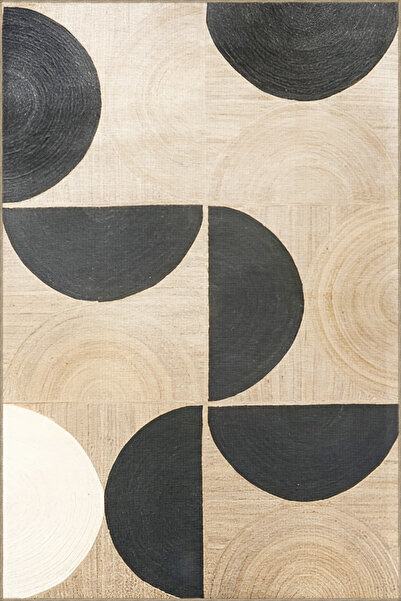 Rugs Modern Halı Siyah Bej Temalı Çok Renkli Geometrik Daire Bölme Desenli Mo...
