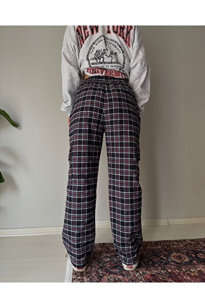 DEEFWEAR Y2K UNISEX ELASTIC WAIST CARGO POCKET DETAIL BLACK AND WHITE PLAID PANTS