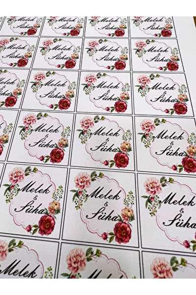 Nikah Şekeri Market Kare Isim Etiketi Çiçekli 50 Adet Kına - Söz - Nişan - Ni...