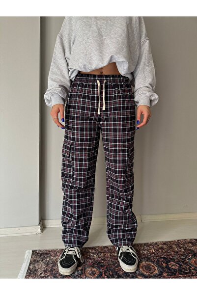 DEEFWEAR Y2K UNISEX ELASTIC WAIST CARGO POCKET DETAIL BLACK AND WHITE PLAID PANTS