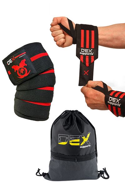 Dex Supports Lasting Energy Knee Bandage (Knee Wraps), Fitness Wrist Bandage (Wrist Wraps), Sackpack Set of 3