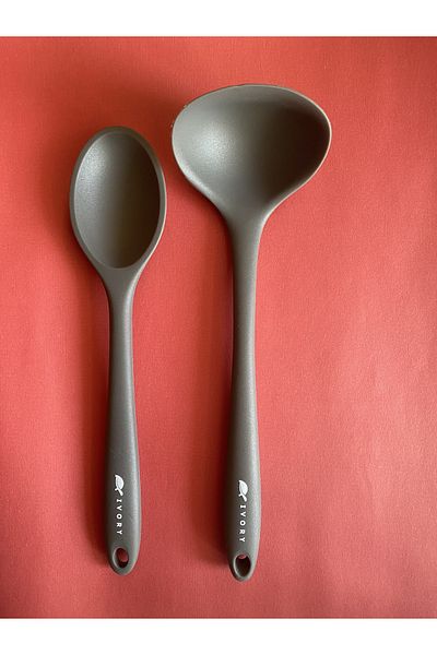 Multiamo Hard Tip Heat Resistant Fireproof Nonstick Silicone Spoon Set 2 Pieces 28cm Long Deep Spoon 28cm Ladle