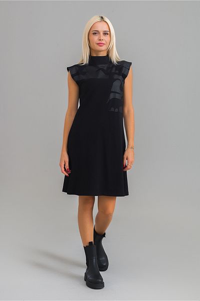 Bold & Young Rochie de damă, culoare neagră, cu imprimeu de camuflaj, din piele artificială, din bumbac, lycra, fără mâneci, cu guler vertical, cu buzunare