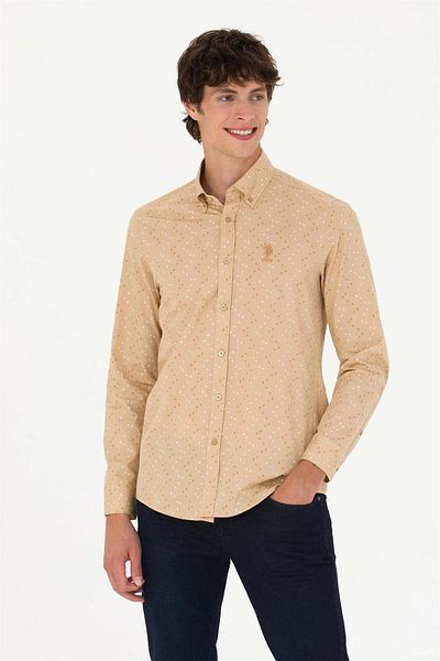 U.S. Polo Assn. Ανδρικό πέτρινο μακρυμάνικο πουκάμισο ELİFSU BUTİKHOME