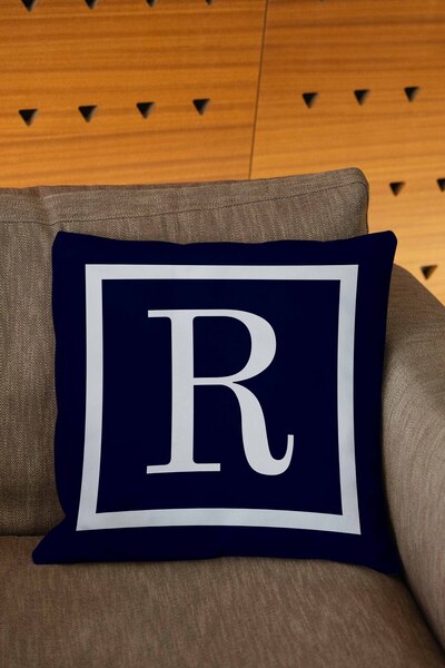 Şah Dekor Husă de pernă cu litere de culoare albastru bleumarin și alb cu imprimare digitală