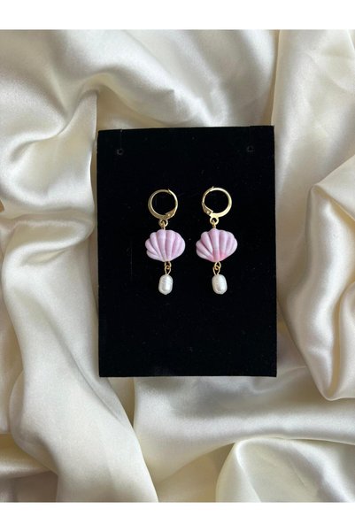 Peony Pembe İstiridye Cam Murano Küpe Gerçek Tatlı Su İnci Detaylı Altın Kaplama